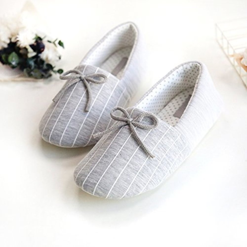 Cotton Pinstripe Memory Foam House Slippers, Grey